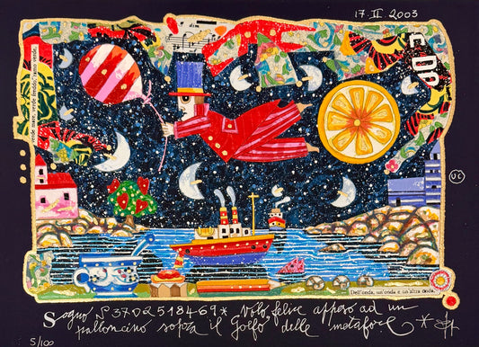 VOLO FELICE APPESO AD UN PALLONCINO (FONDO BLU)